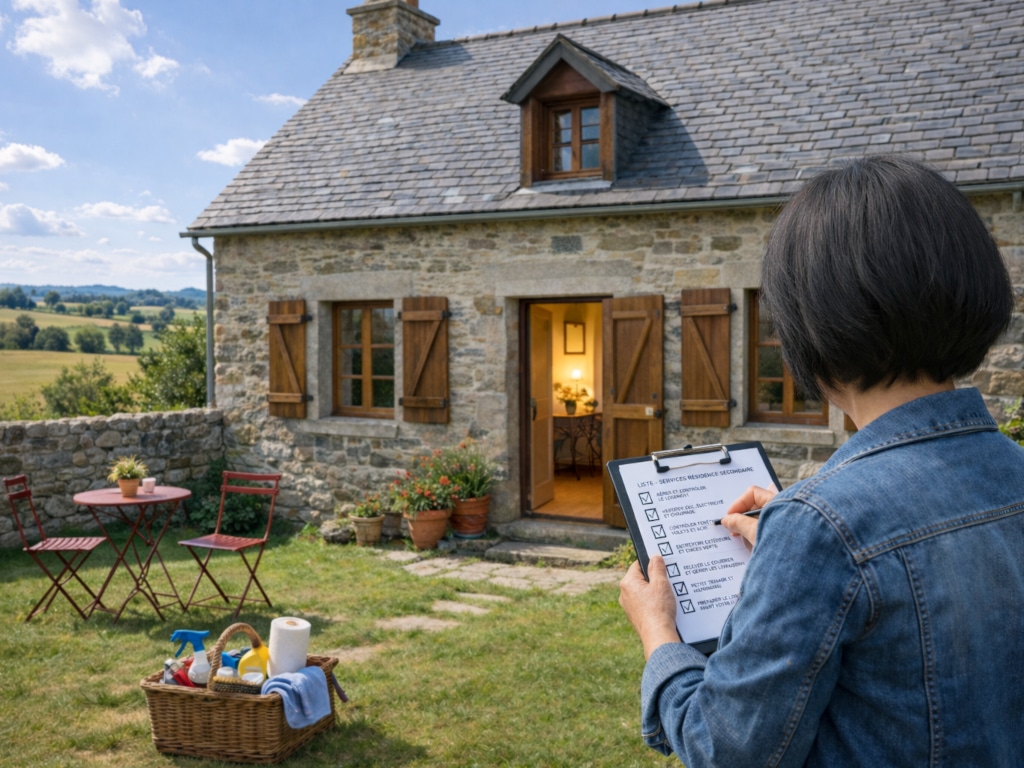 Femme de dos contrôlant une maison de campagne avec checklist, service d’intendance et surveillance de résidence secondaire en Creuse.